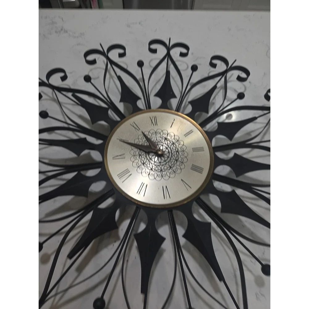 Elgin Mid Century Modern Black Wrought Iron Vintage Starburst Clock (working)